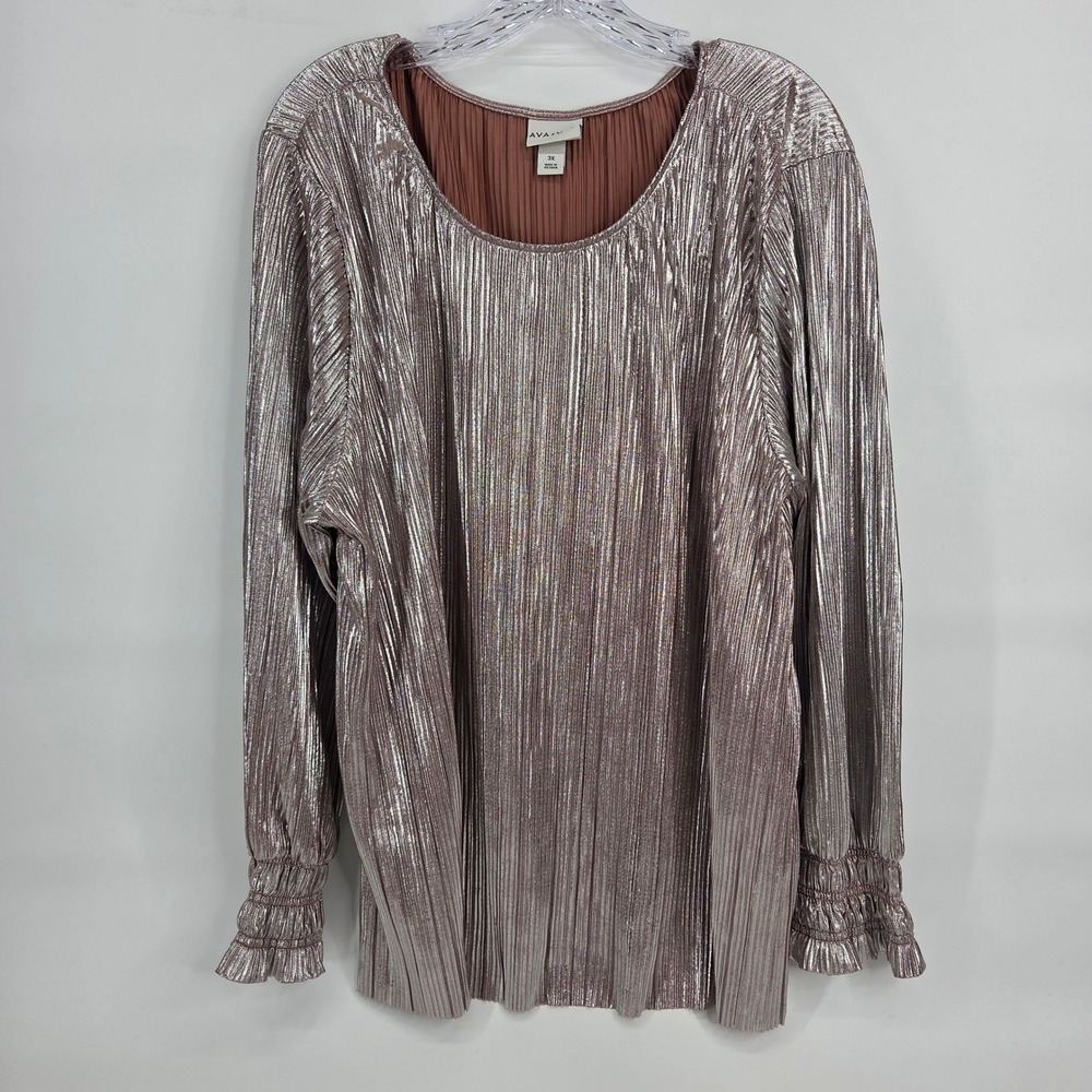 Ava & Viv Plissé Blouse 3X Rose Gold Metallic Glam Boho Festive Pleated Top